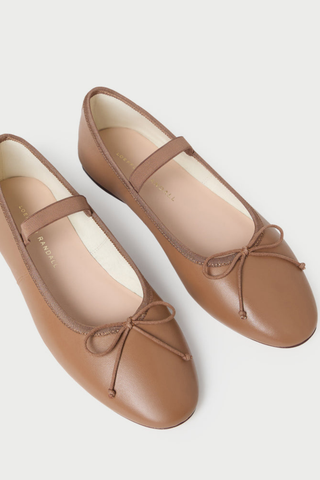 Loeffler Randall Leonie Soft Ballet Flat in Safari tan leather featuring a bow detail, elastic bridge strap, and almond-shaped toe.