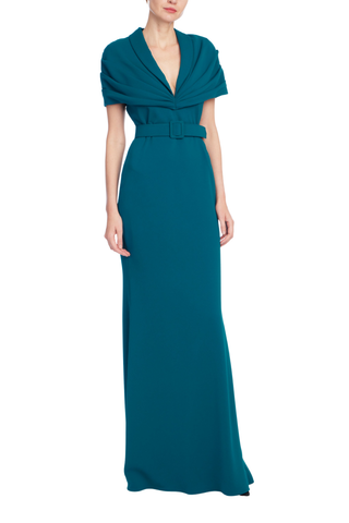 Badgley Mischka Cowl Neck Gown in teal featuring a draped neckline, fitted bodice, and sleek floor-length silhouette.