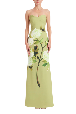 Strapless Gown lime green floral print column gown from Badgley Mischka