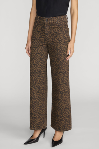 FRAME Le Slim Palazzo jeans in an allover brown and black leopard print with a high rise and wide-leg silhouette.