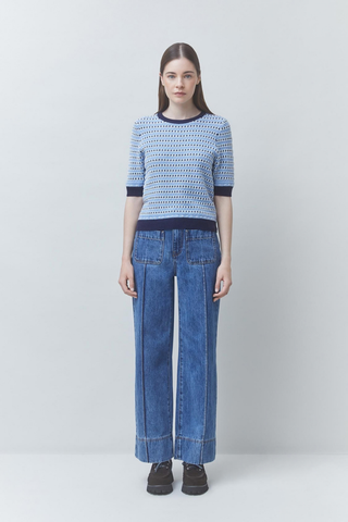 Suncoo Perly Sweater in Blue Ciel featuring a blue open-knit striped design, short sleeves, and contrast navy trim.