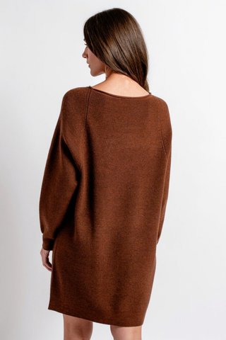 Kerisma Assima Sweater Dress in Brownie featuring a rich chocolate brown knit, long raglan sleeves, center-front piping, and a relaxed mini silhouette.