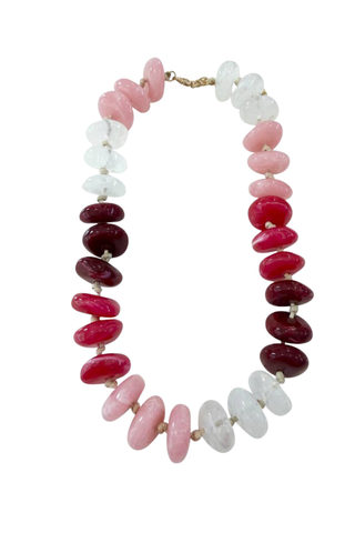 Gemelli Delray Chunky Beaded Necklace in Pink Mix featuring oversized glossy marbled beads in pink, burgundy, and white with gold-tone hardware.