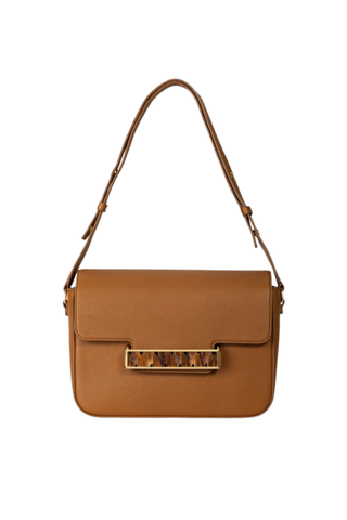 Brackish Oxford Crossbody Bag in Tan Quail with vegetable-tanned leather, layered feather hardware detail, adjustable shoulder strap, and structured crossbody silhouette