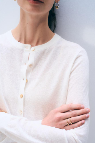 White long sleeve button-front cardigan in lightweight knit fabric