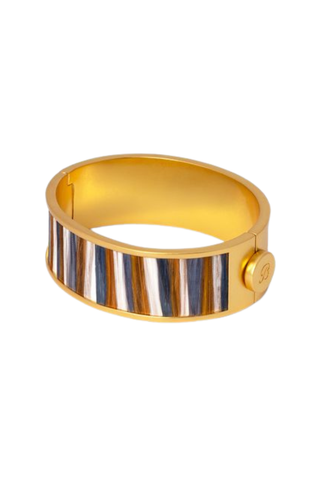 Brackish Alyssa Hinge Cuff featuring layered natural feathers and a matte gold-plated hinged bracelet design.