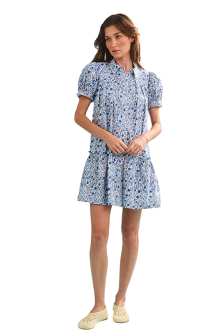 Woman wearing a blue floral dress on a white background