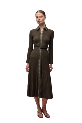 Dark olive collared midi dress with long sleeves and a pleated skirt.