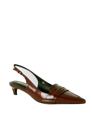 Lola Cruz Gemma Heeled Loafer in Merlot featuring a pointed loafer-inspired upper, slingback strap, and low heel.