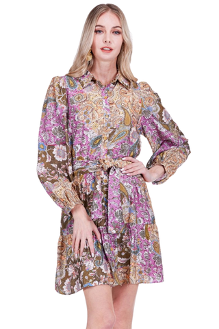 Ruffles Shirt Dress, Plum Mosaic