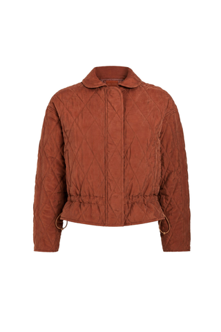 Marie Oliver Haisley Jacket in Tortoise featuring a quilted rust-brown design, funnel neckline, and adjustable drawstring waist.