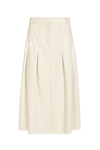 Faith Skirt in Polar featuring a cream vegan leather midi silhouette with a fitted waist and inverted box pleats.