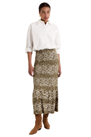Marie Oliver Shiloh Skirt in Viper featuring an earthy snakeskin-inspired jacquard print, elastic waist, fitted silhouette, and flared midi hem.