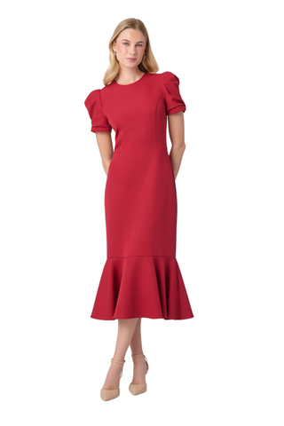 Shoshanna Hartley Dress in Burgundy featuring stretch crepe, ruched short sleeves, a fitted midi silhouette, and flounced hem.