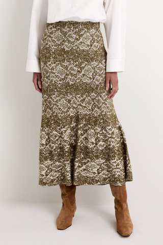 Marie Oliver Shiloh Skirt in Viper featuring an earthy snakeskin-inspired jacquard print, elastic waist, fitted silhouette, and flared midi hem.