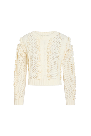 Lindsay Sweater in Ivory featuring a crew neckline, long sleeves, open knit texture, and dimensional ruffle detailing.