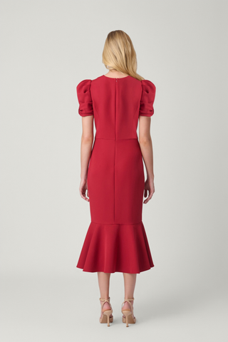 Shoshanna Hartley Dress in Burgundy featuring stretch crepe, ruched short sleeves, a fitted midi silhouette, and flounced hem.