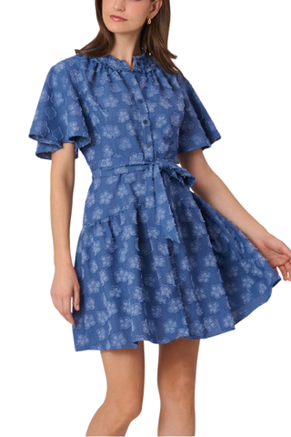 Model wearing the Shoshanna Lynn Dress in Steel Blue featuring flutter sleeves, a ruffle collar, self-tie waist, and gathered mini skirt.