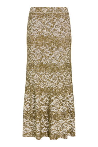 Marie Oliver Shiloh Skirt in Viper featuring an earthy snakeskin-inspired jacquard print, elastic waist, fitted silhouette, and flared midi hem.