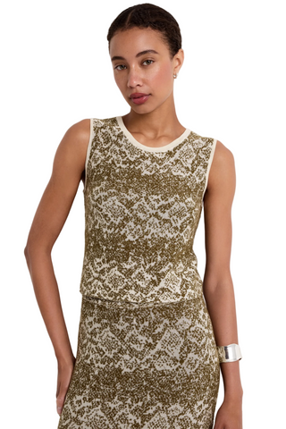 Marie Oliver Kim Top in Viper featuring an earthy snakeskin-inspired jacquard knit, sleeveless silhouette, crew neckline, and contrast trim.