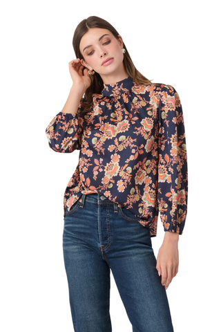 Shoshanna Tilly Top in Navy Multi featuring a floral-inspired satin print, gathered neckline, and long blouson sleeves.