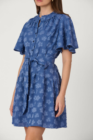 Model wearing the Shoshanna Lynn Dress in Steel Blue featuring flutter sleeves, a ruffle collar, self-tie waist, and gathered mini skirt.