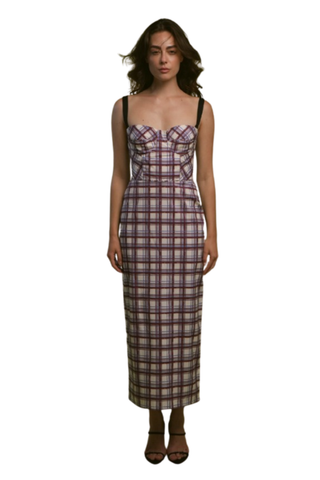 Burgundy plaid midi dress with delicate straps and a fitted silhouette.