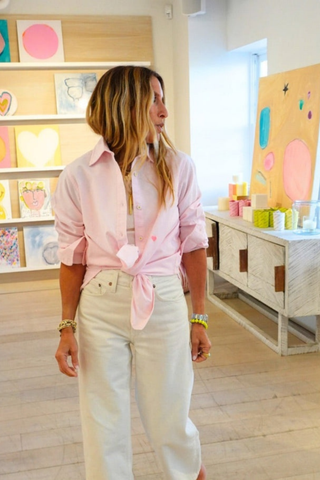 Kerri Rosenthal Mia lightweight oxford shirt in soft pink with button front and relaxed fit styled with jeans