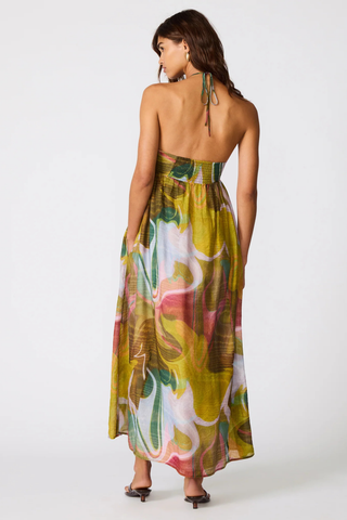 Steve Madden Yazmina maxi dress in Marble print featuring a flowy halter silhouette with bead detailing and abstract olive and blush tones