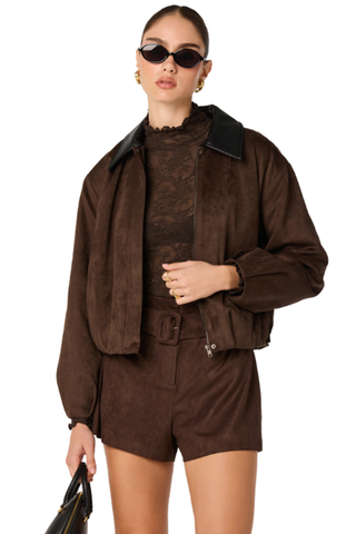 ASTR Raevin Jacket in Espresso featuring a relaxed brown silhouette, collared neckline, long sleeves, and front zip closure.