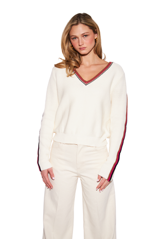 JOHN & JENN Truett Sweater in Ivory Derby featuring an ivory knit, V-neckline, and contrasting stripe details along the neckline and sleeves.