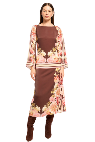 Misa Casey Dress in In Full Bloom, a chocolate brown floral satin midi dress with long flared sleeves, contrast trim, and a removable tie belt.