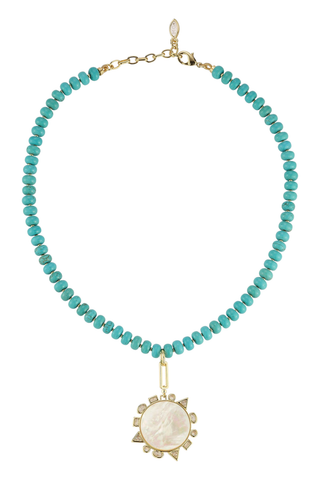 Mignonne Gavigan Semi Precious Odyssey Necklace in Blues featuring turquoise beads and a reversible compass charm.