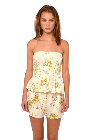 Love the Label Cooper Top Estelle floral strapless cream top with yellow floral print and bubble hem