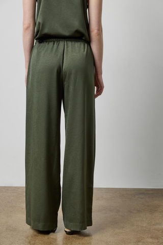 Lilla P Crepe Satin Trouser in Fir green featuring a relaxed wide-leg silhouette, adjustable drawstring waistband, and fluid satin finish.