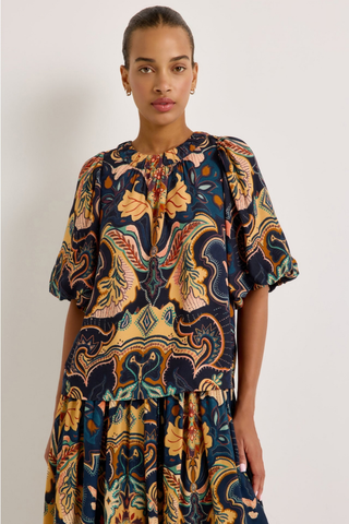 Marie Oliver Wren Top in Saddle featuring a bold Western-inspired print, gathered neckline, and short puff sleeves.