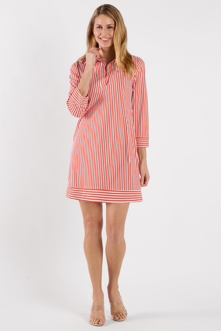 Jude Connally Finley dress in coral and white stripe with collar and three quarter sleeves