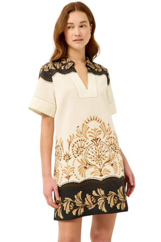 Marie Oliver Dede Dress in Fleuron with polo collar, tailored silhouette, and Mediterranean tile-inspired placement print in cream, tan, and black
