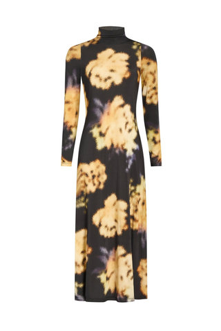 Marie Oliver Paxton Dress in Lush featuring oversized golden floral print on a black stretch jersey midi silhouette.