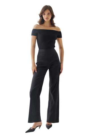 Hutch Thompson Pant in Black featuring a high-rise waist, tailored fit, and elegant wide-leg silhouette.