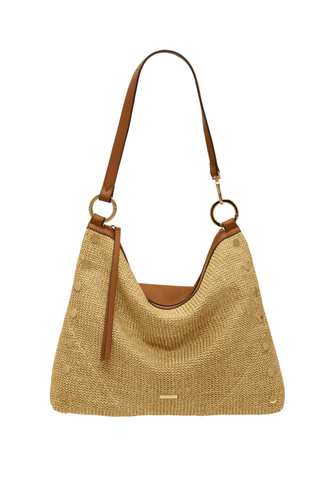 Hammitt Kyle Lrg Handbag in Cocoa Raffia featuring woven raffia, tan pebbled leather trim, gold hardware, and a large slouchy shoulder bag silhouette