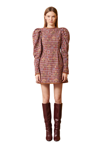 Celia B Alura Dress in a multicolor geometric print with long sleeves, statement puff shoulders, and mini length.