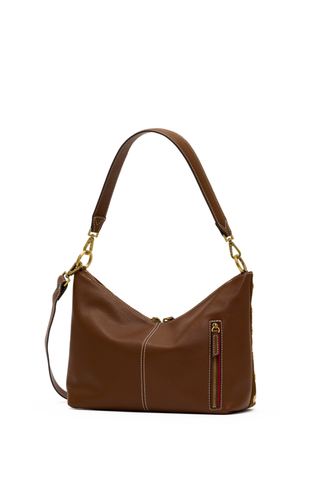 Hammitt Grace Med Handbag in Cinnamon Suede with antique gold hardware, brown leather trim, V-shaped top edge, and detachable straps.