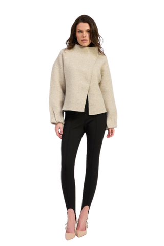 Taupe Palazzo Cardigan with high neckline, long sleeves, and relaxed overlapping front.