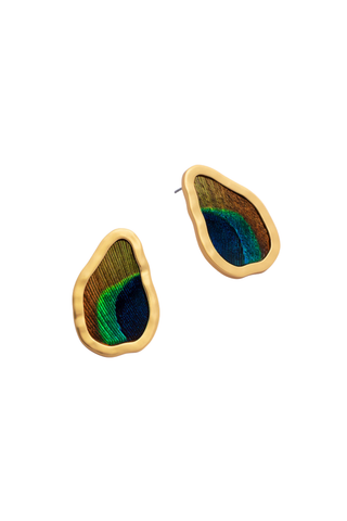 Brackish Amanda Large Organic Stud Earrings featuring vibrant green and blue peacock feathers framed in softly hammered 18k gold plating.