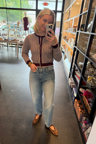 White + Warren Bouclé Cardigan in Sangria and Ivory Stripe featuring textured knit and button-front styling.