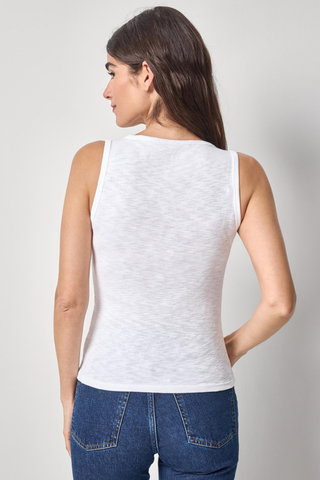 Lilla P white wide strap tank top with scoop neckline styled with denim jeans