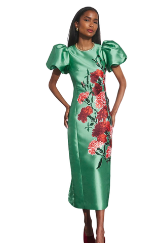 Hunter Bell Vesper Dress in Evergreen Conservatory featuring a fitted green floral midi silhouette with dramatic short puff sleeves.