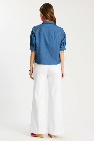 Tyler Boe River Denim Shirt in Dark Denim with cropped silhouette and puffed sleeves