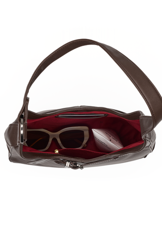 Hammitt Tim Med Handbag in Belted Espresso featuring dark brown pebbled leather, a soft hobo silhouette, belt detail, and gunmetal hardware.